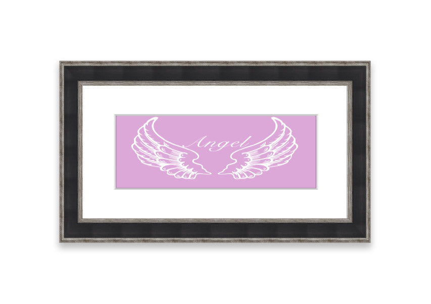 Framed print of delicate pink angel wings, elegantly designed and ready to hang.