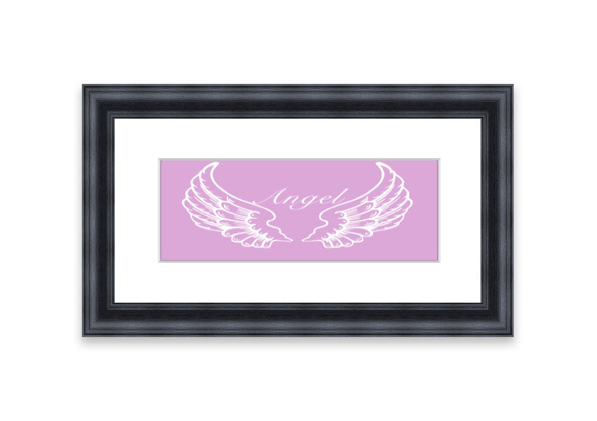 Framed print of delicate pink angel wings, elegantly designed and ready to hang.