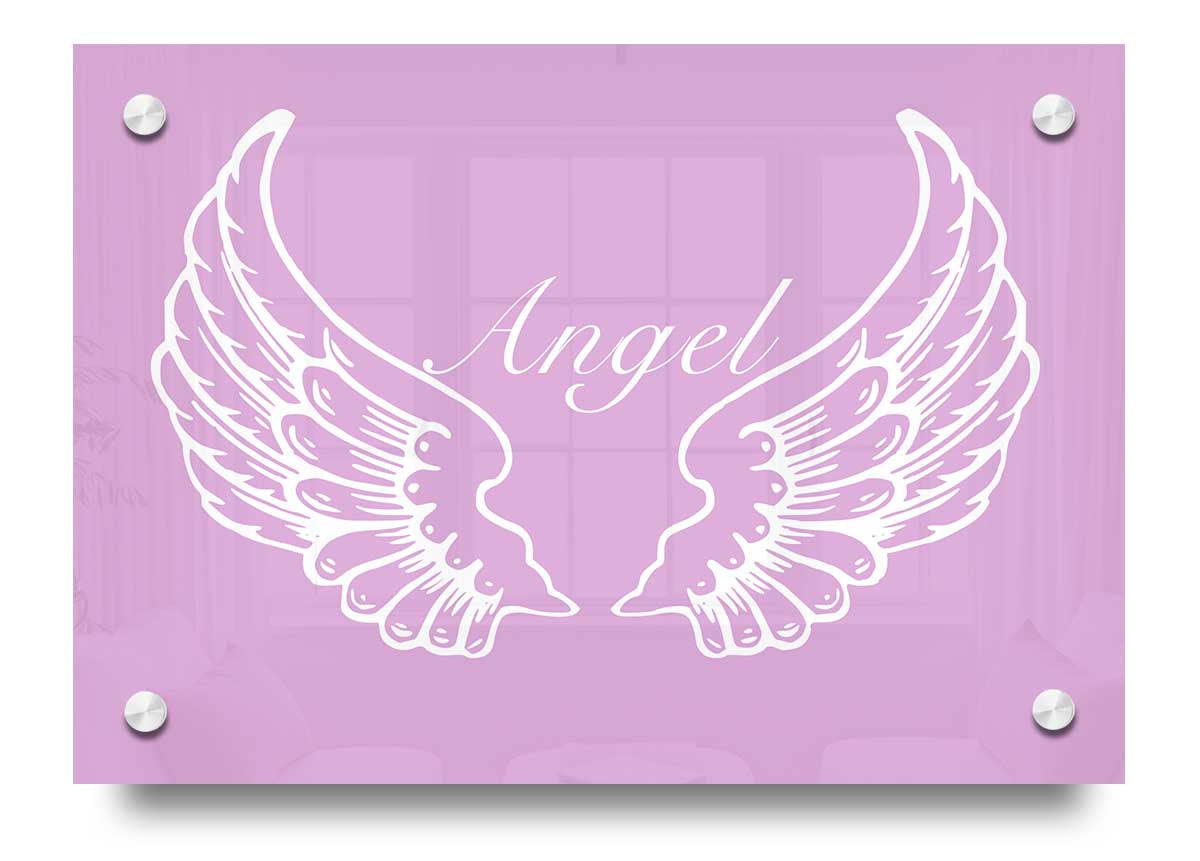 A vibrant pink acrylic print featuring angel wings, showcasing a modern design on a 5mm thick acrylic glass.