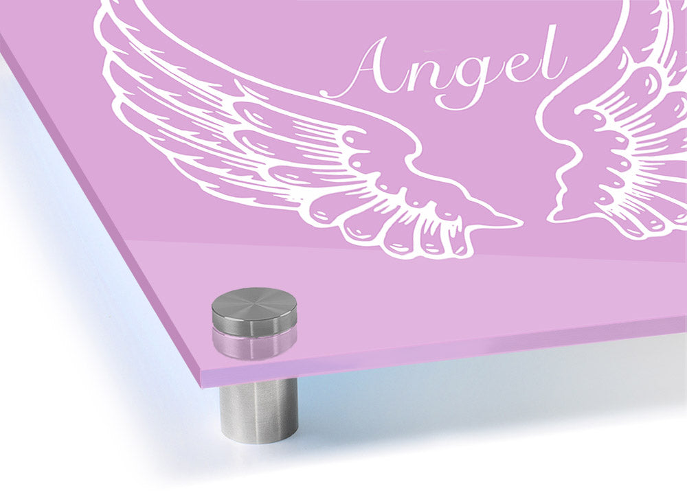 A vibrant pink acrylic print featuring angel wings, showcasing a modern design on a 5mm thick acrylic glass.