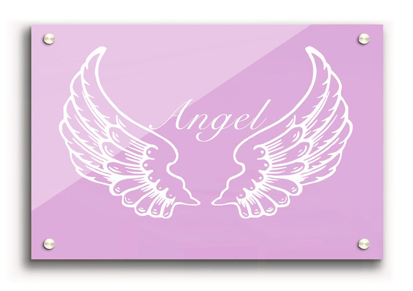 A vibrant pink acrylic print featuring angel wings, showcasing a modern design on a 5mm thick acrylic glass.