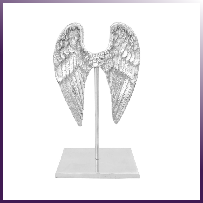 Elegant Angel Wings Sculpture made from recycled aluminum alloy, featuring a silvery finish and modern design, perfect for home or office decor.