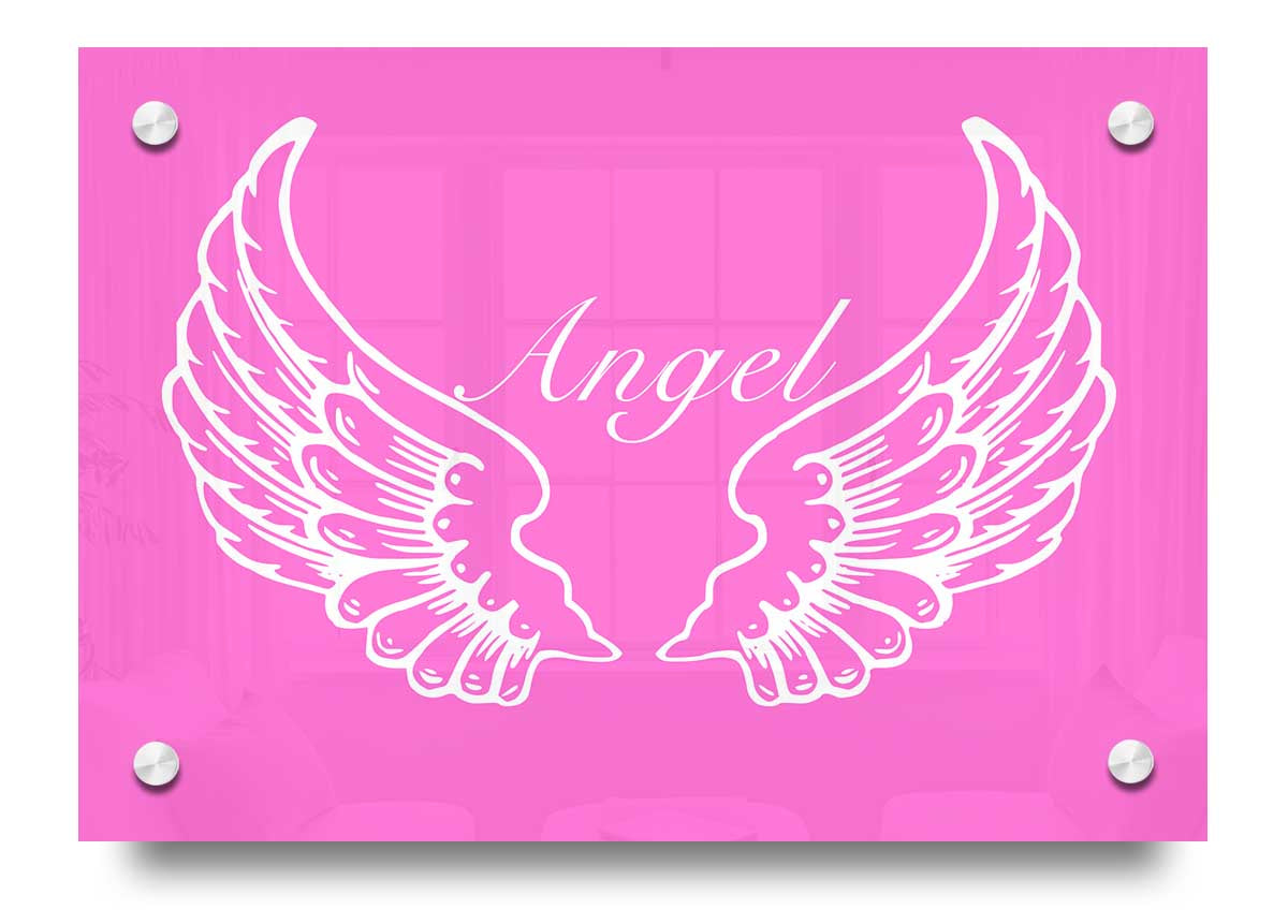 Acrylic print of vivid pink angel wings, showcasing vibrant colors and glossy finish.