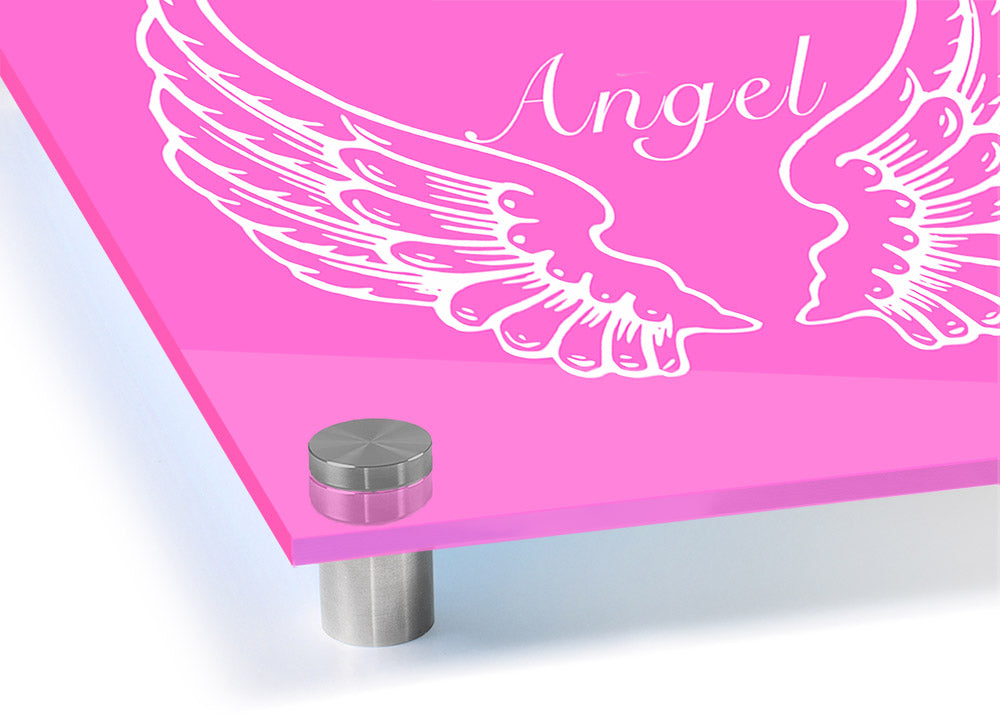 Acrylic print of vivid pink angel wings, showcasing vibrant colors and glossy finish.