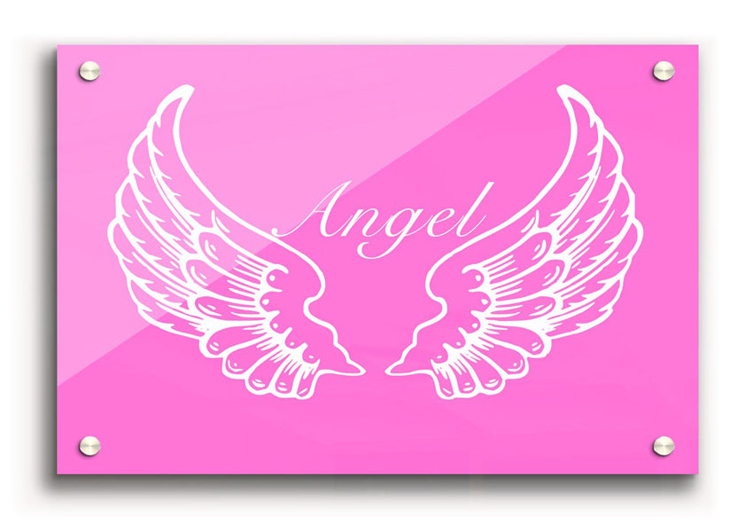 Acrylic print of vivid pink angel wings, showcasing vibrant colors and glossy finish.