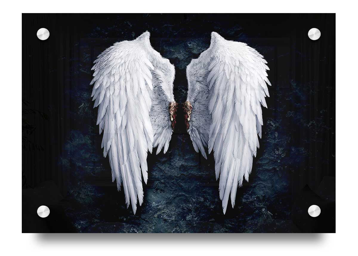 Acrylic print of angel wings, vibrant colors on 5mm thick glass, ready to hang.