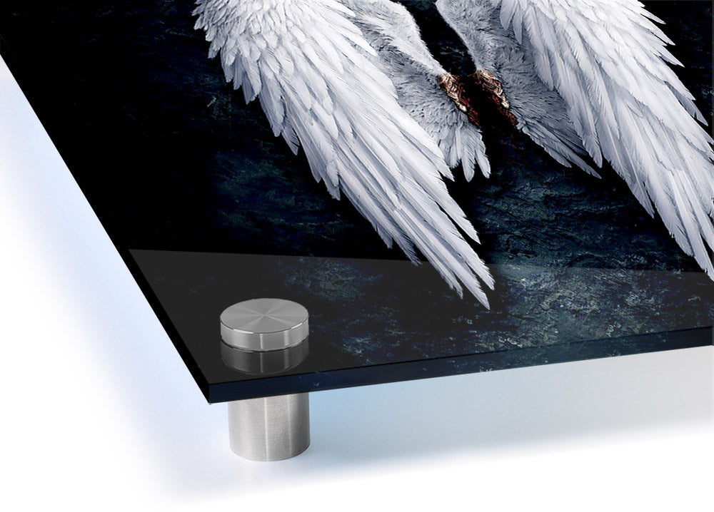 Acrylic print of angel wings, vibrant colors on 5mm thick glass, ready to hang.