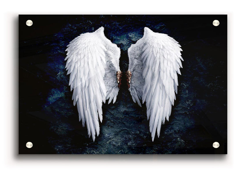 Acrylic print of angel wings, vibrant colors on 5mm thick glass, ready to hang.