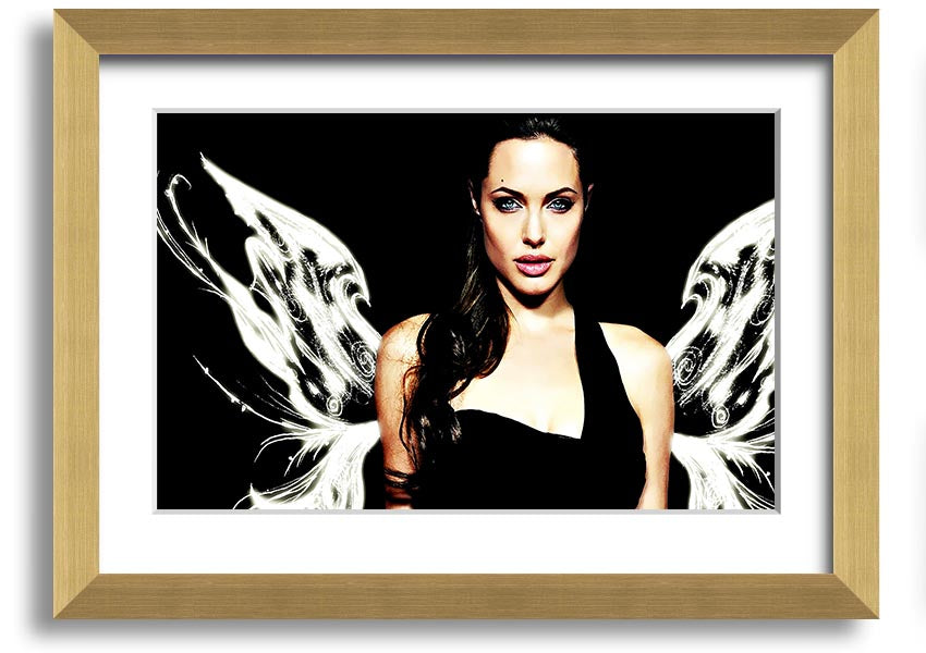 Framed print of Angelina Jolie's angel wings, showcasing intricate details and available in various frame colors.