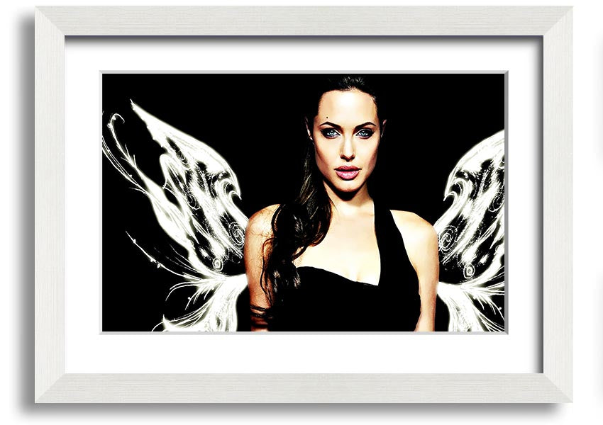 Framed print of Angelina Jolie's angel wings, showcasing intricate details and available in various frame colors.