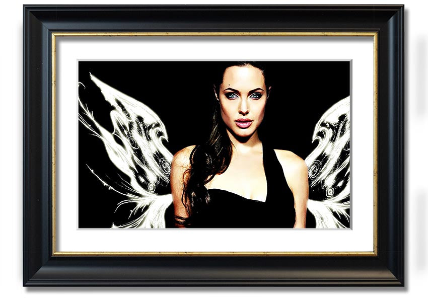 Framed print of Angelina Jolie's angel wings, showcasing intricate details and available in various frame colors.