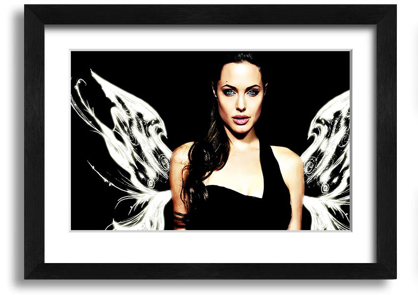 Framed print of Angelina Jolie's angel wings, showcasing intricate details and available in various frame colors.