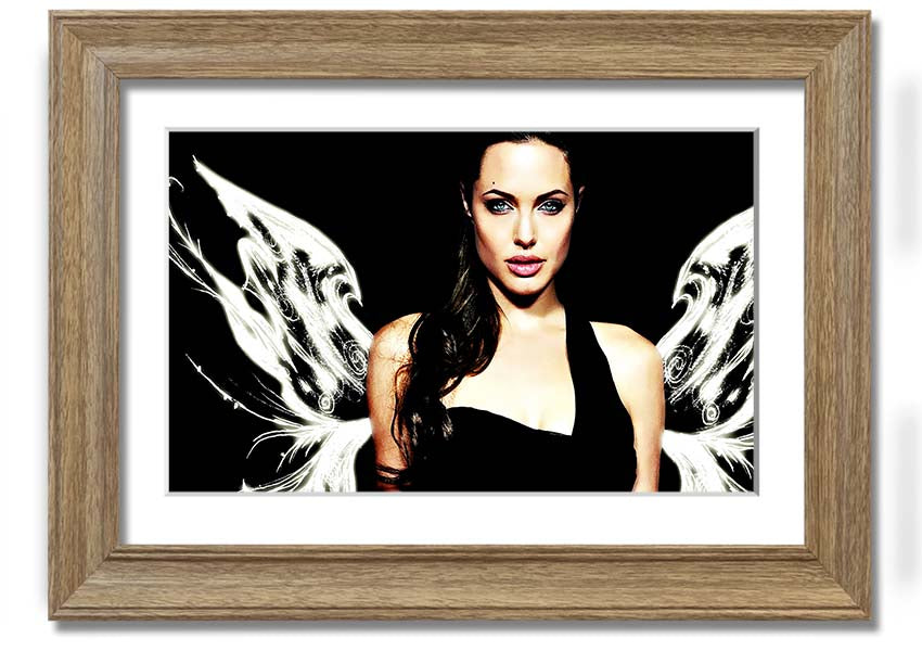 Framed print of Angelina Jolie's angel wings, showcasing intricate details and available in various frame colors.