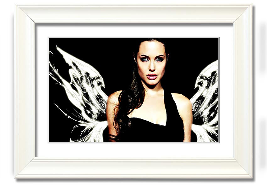 Framed print of Angelina Jolie's angel wings, showcasing intricate details and available in various frame colors.