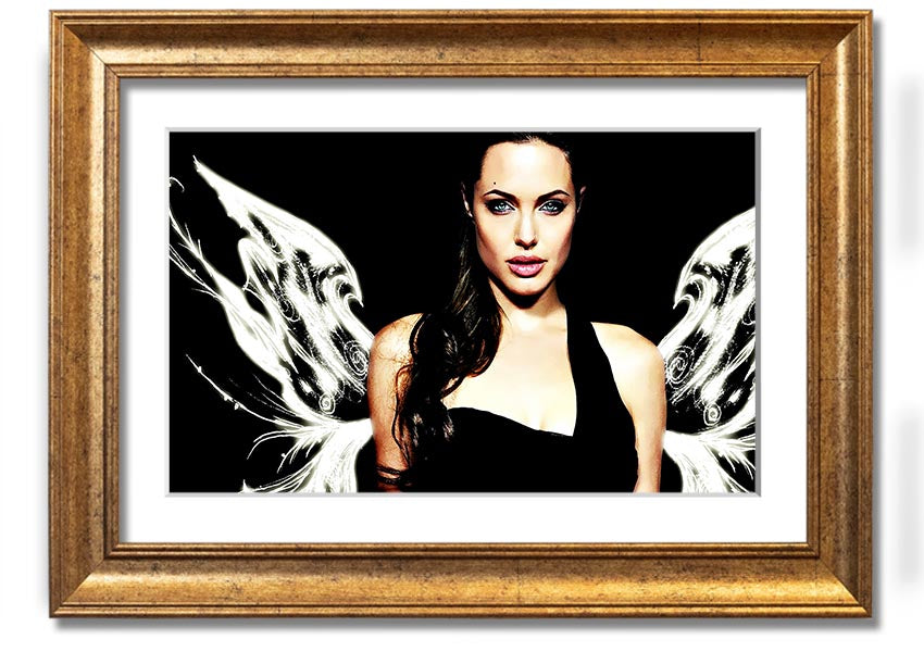 Framed print of Angelina Jolie's angel wings, showcasing intricate details and available in various frame colors.