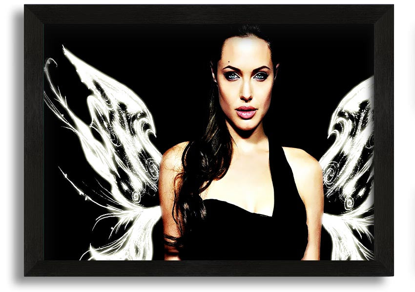 Framed print of Angelina Jolie's angel wings, showcasing intricate details and available in various frame colors.