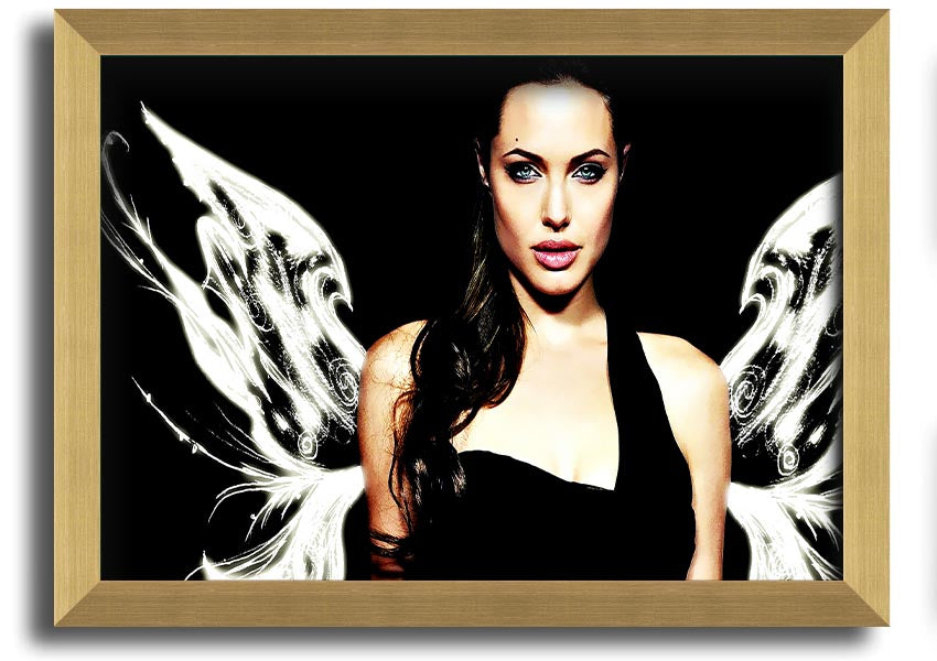 Framed print of Angelina Jolie's angel wings, showcasing intricate details and available in various frame colors.