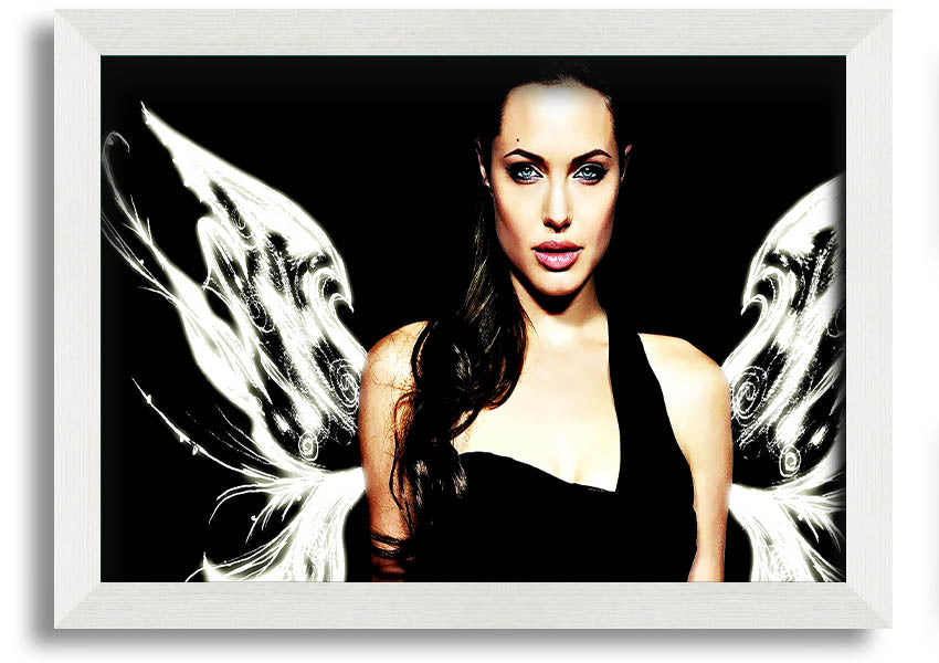 Framed print of Angelina Jolie's angel wings, showcasing intricate details and available in various frame colors.