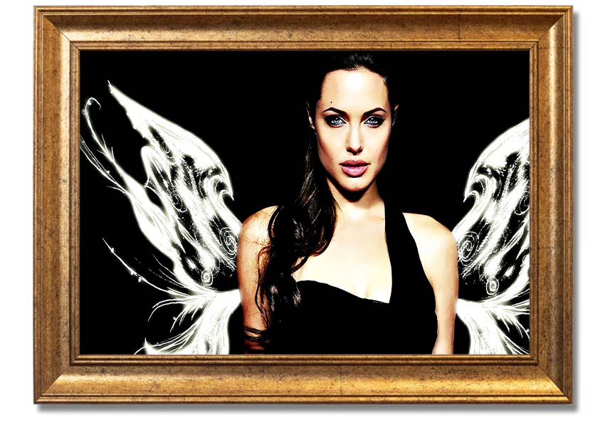 Framed print of Angelina Jolie's angel wings, showcasing intricate details and available in various frame colors.