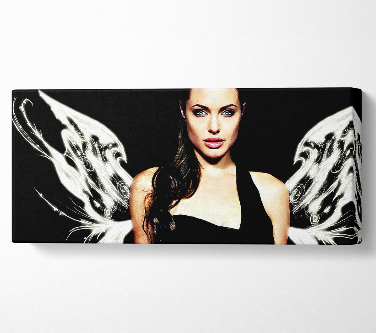 Canvas art featuring Angelina Jolie with angel wings, mounted on a sturdy box frame, ready to hang.