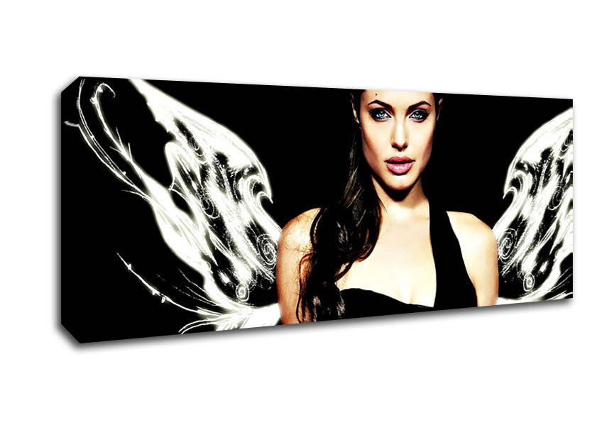 Canvas art featuring Angelina Jolie with angel wings, mounted on a sturdy box frame, ready to hang.