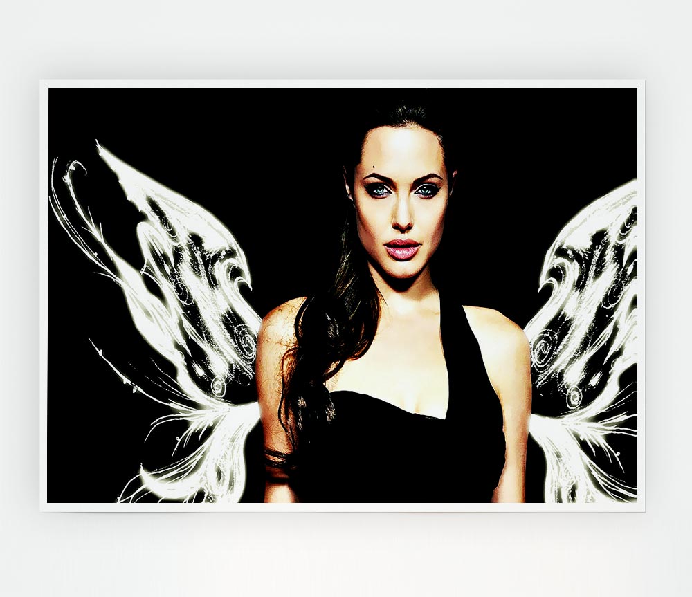 Canvas poster of Angelina Jolie with angel wings, showcasing vibrant colors and intricate details.