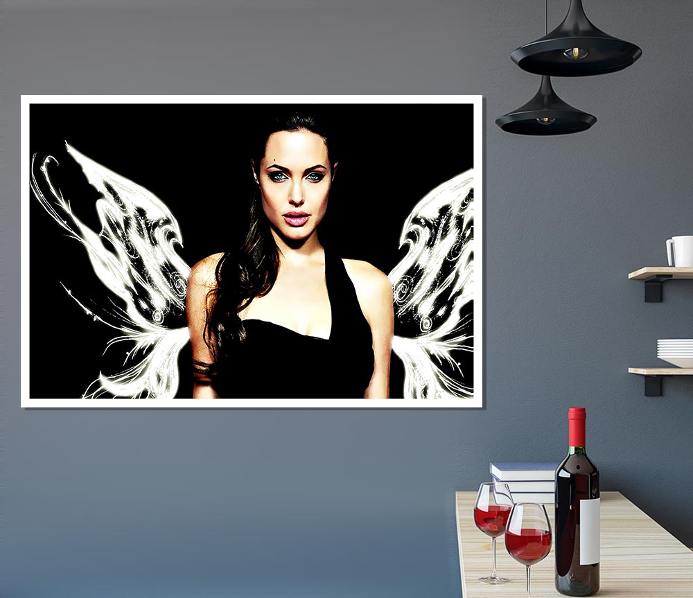 Canvas poster of Angelina Jolie with angel wings, showcasing vibrant colors and intricate details.