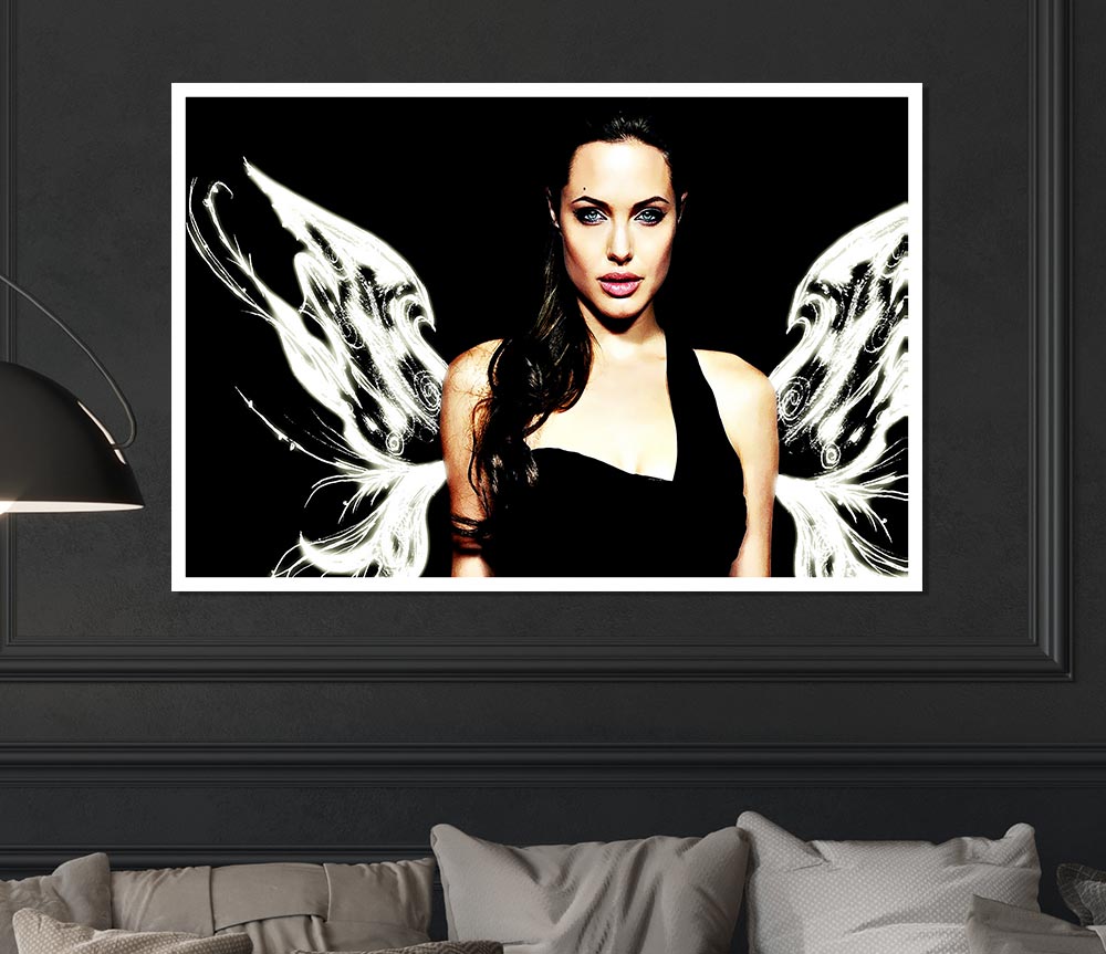 Canvas poster of Angelina Jolie with angel wings, showcasing vibrant colors and intricate details.