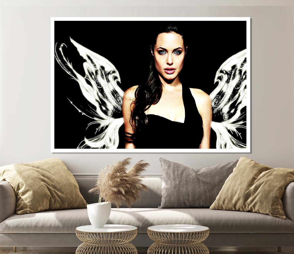 Canvas poster of Angelina Jolie with angel wings, showcasing vibrant colors and intricate details.