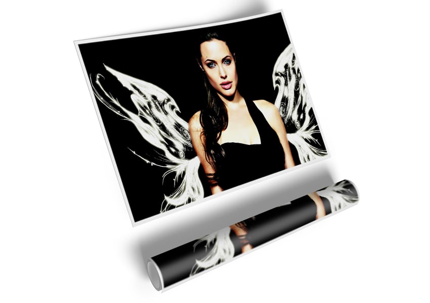 Canvas poster of Angelina Jolie with angel wings, showcasing vibrant colors and intricate details.