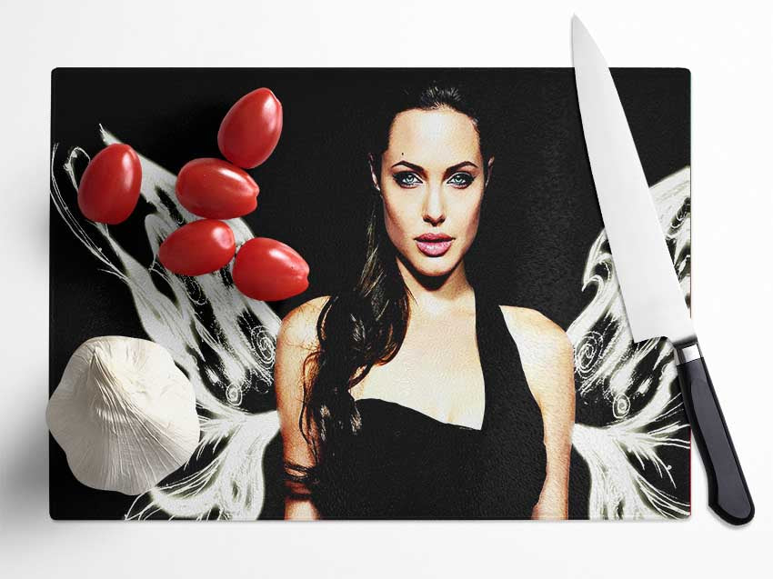 Angelina Jolie Angel Wings chopping board made of tempered glass with a chinchilla ripple effect and anti-slip feet.