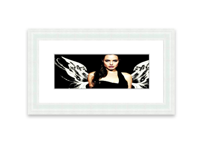 Framed print of Angelina Jolie with angel wings, showcasing elegance and beauty, available in various frame colors.