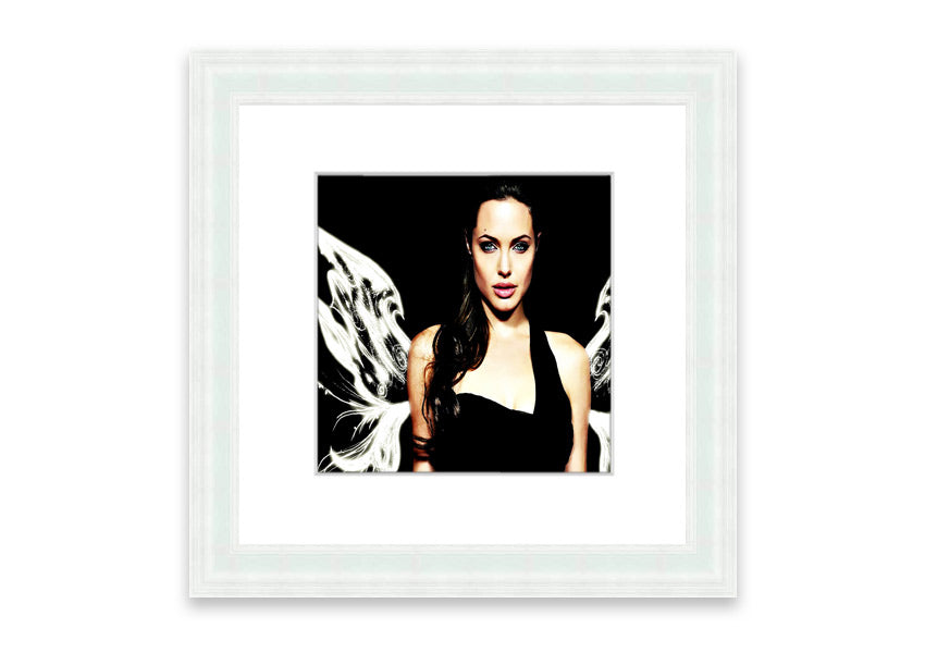 Framed print of Angelina Jolie with angel wings, showcasing elegance and beauty, available in various frame colors.