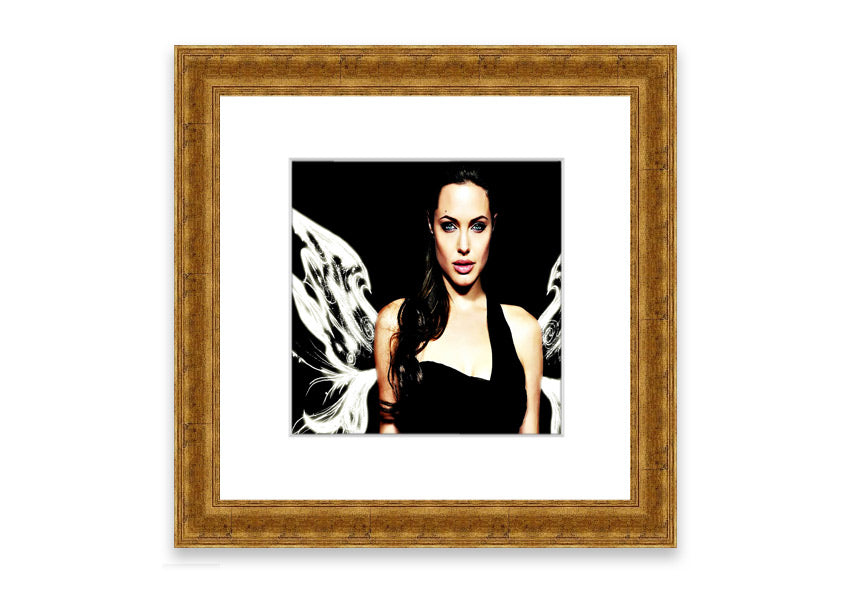 Framed print of Angelina Jolie with angel wings, showcasing elegance and beauty, available in various frame colors.