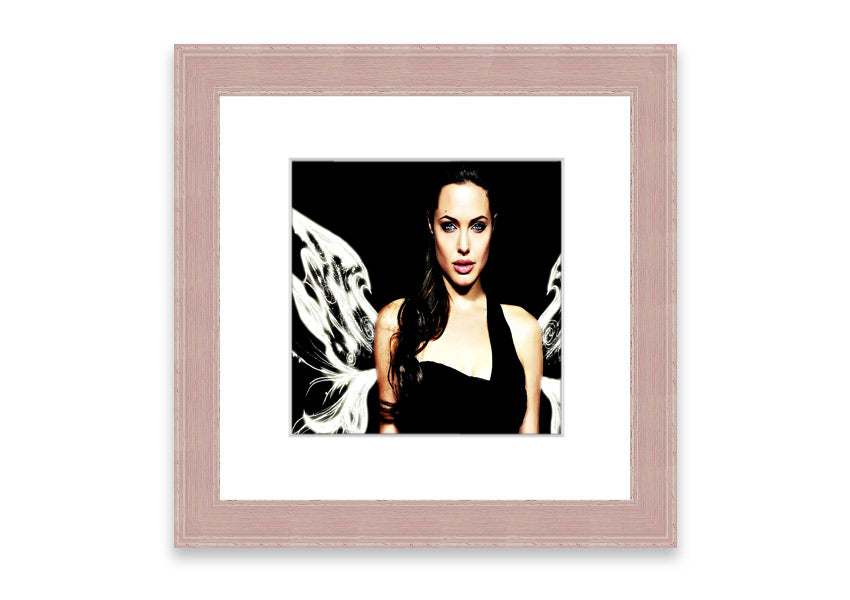 Framed print of Angelina Jolie with angel wings, showcasing elegance and beauty, available in various frame colors.