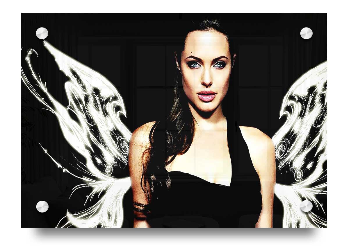 Acrylic print of Angelina Jolie's angel wings, showcasing vibrant colors and intricate details, perfect for wall decor.