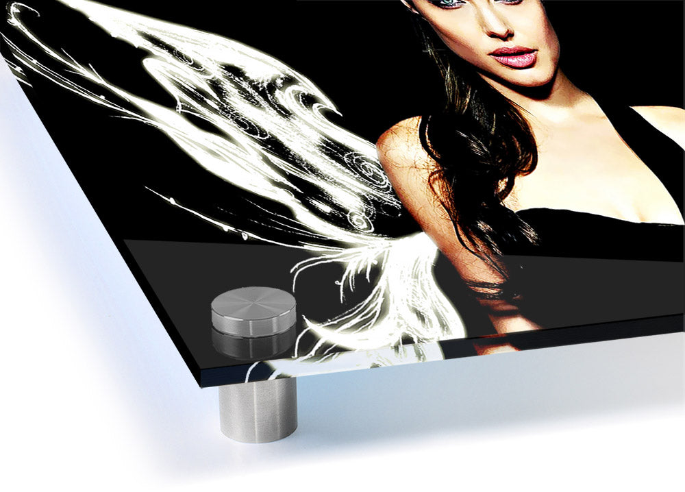 Acrylic print of Angelina Jolie's angel wings, showcasing vibrant colors and intricate details, perfect for wall decor.