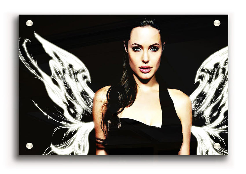 Acrylic print of Angelina Jolie's angel wings, showcasing vibrant colors and intricate details, perfect for wall decor.