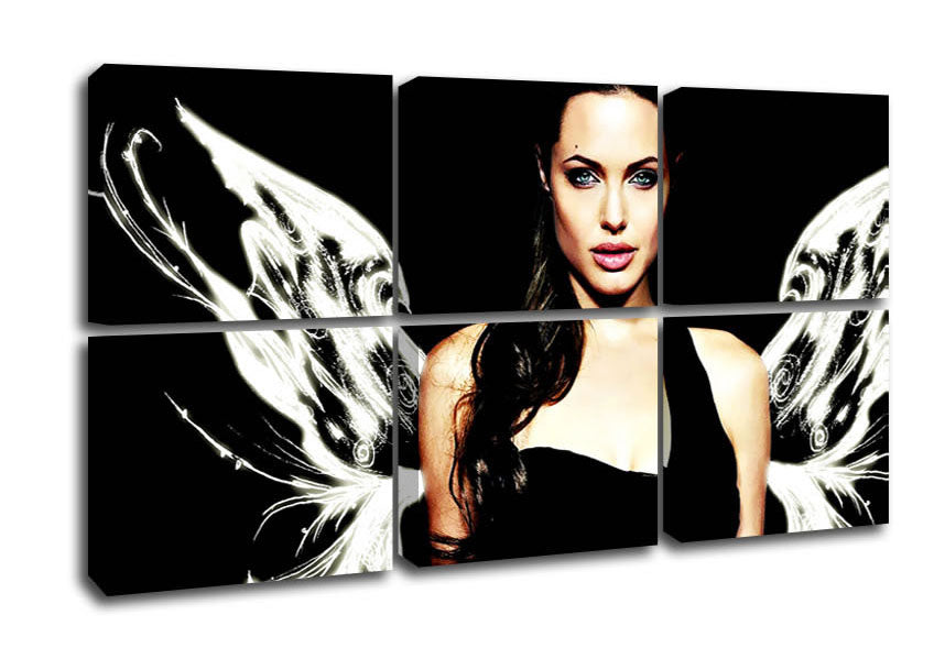 Canvas art featuring Angelina Jolie's angel wings design, mounted on a sturdy box frame, ready to hang.