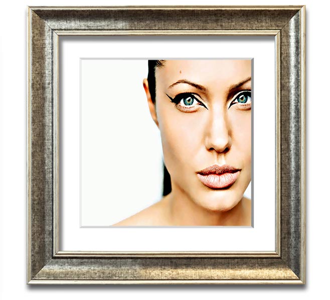 Angelina Jolie Cat Eyes Square Framed Print in a stylish frame, showcasing her captivating gaze.