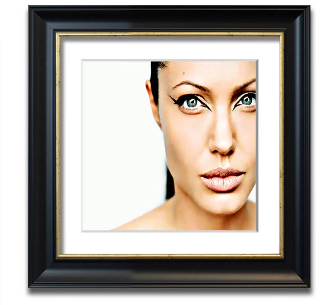 Angelina Jolie Cat Eyes Square Framed Print in a stylish frame, showcasing her captivating gaze.