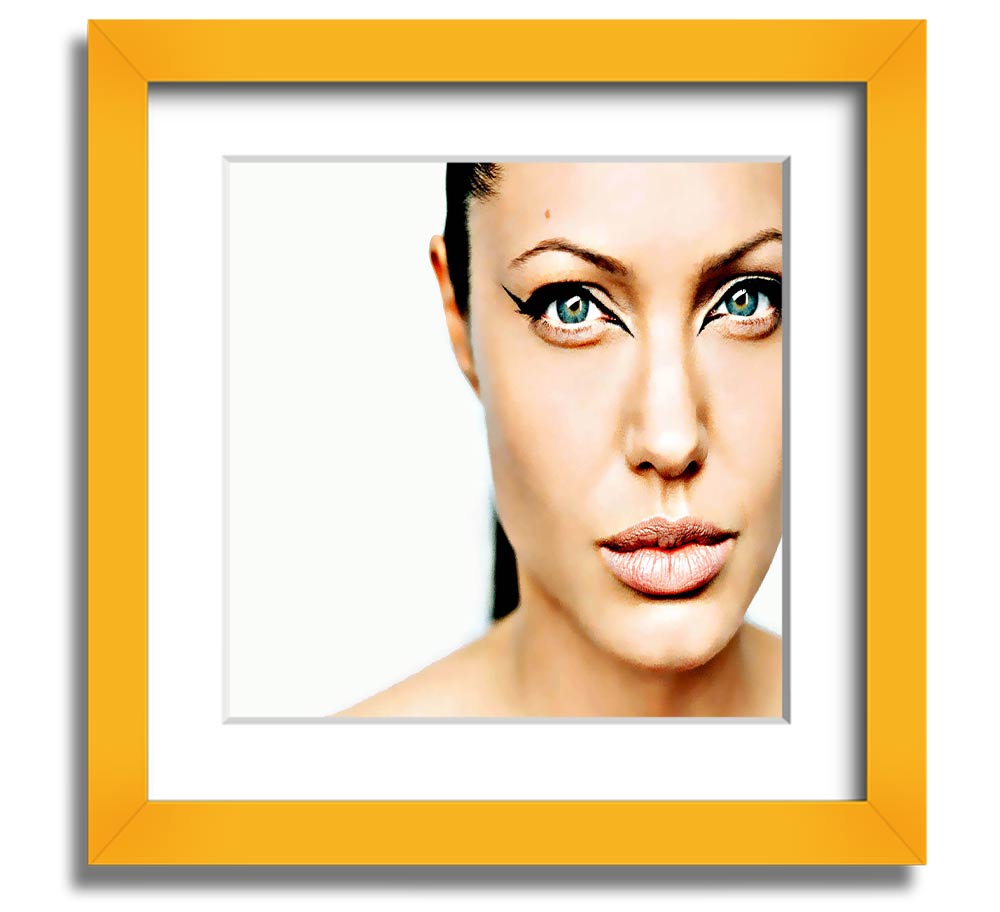 Angelina Jolie Cat Eyes Square Framed Print in a stylish frame, showcasing her captivating gaze.