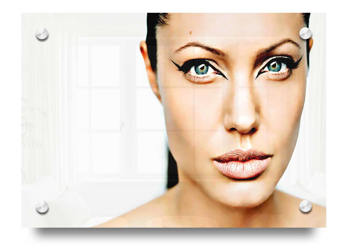 Acrylic print of Angelina Jolie with cat eyes, showcasing vibrant colors and glossy finish.