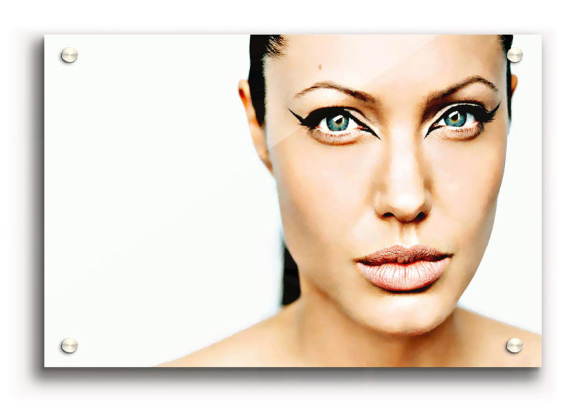 Acrylic print of Angelina Jolie with cat eyes, showcasing vibrant colors and glossy finish.