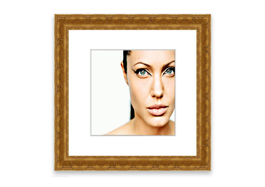 Framed print of Angelina Jolie with cat-like eyes, showcasing her iconic features in a stylish frame.