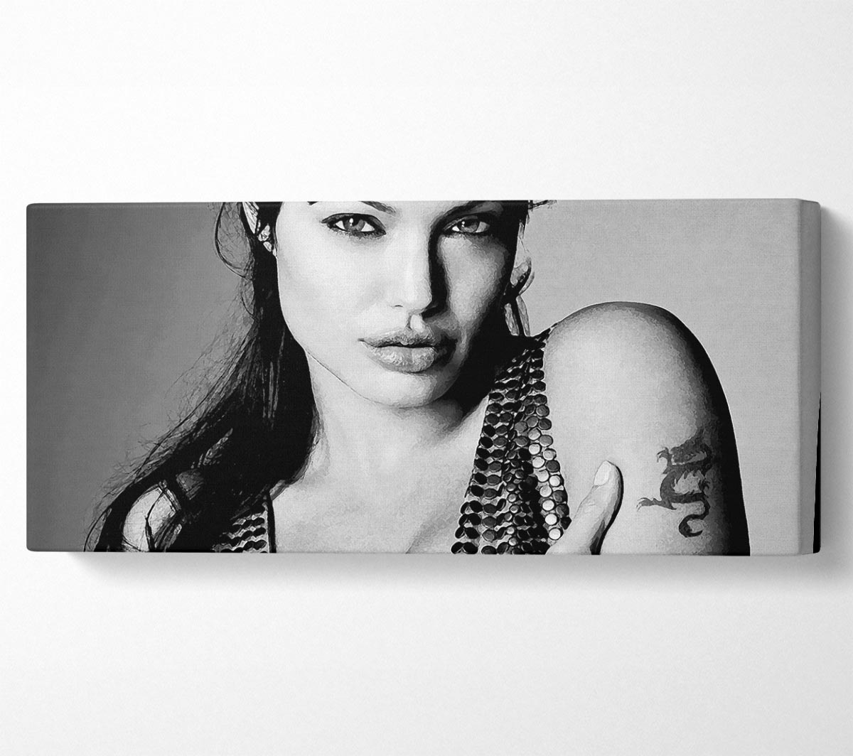 Angelina Jolie Dragon Tattoo canvas art mounted on a 44mm box frame, showcasing vibrant colors and intricate details.