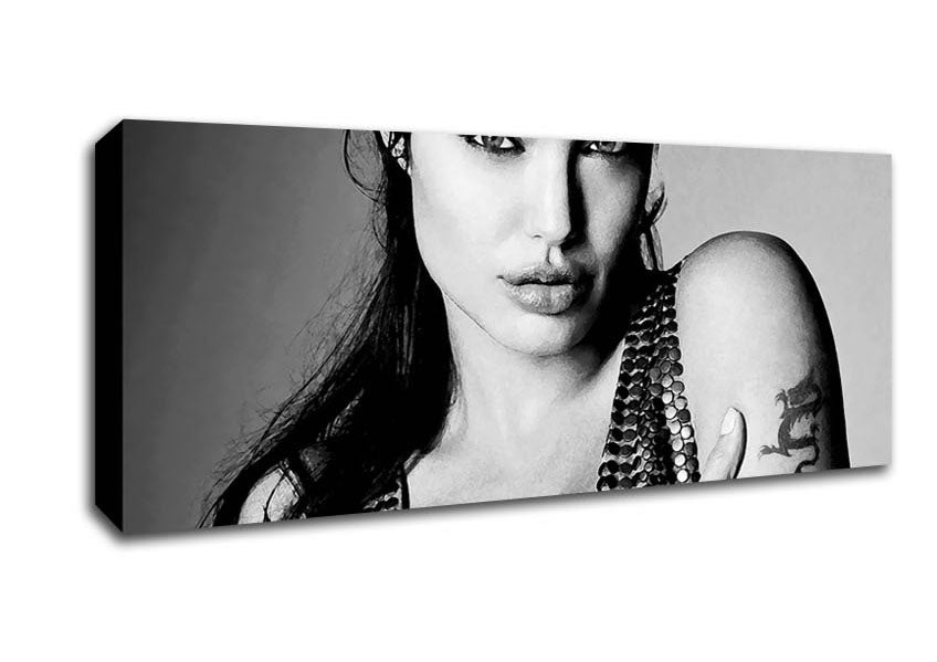 Angelina Jolie Dragon Tattoo canvas art mounted on a 44mm box frame, showcasing vibrant colors and intricate details.