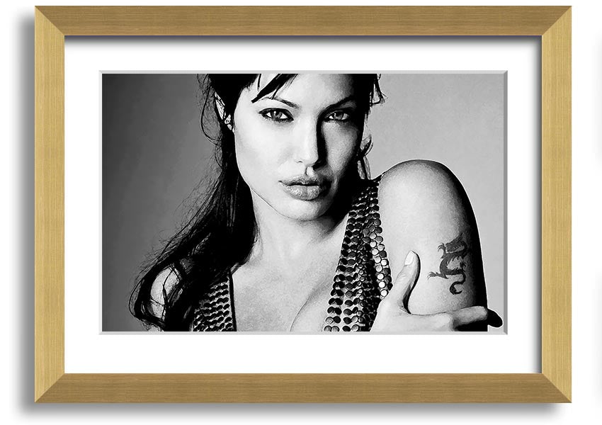 Framed print of Angelina Jolie's dragon tattoo, showcasing intricate details and vibrant colors, available in various frame options.