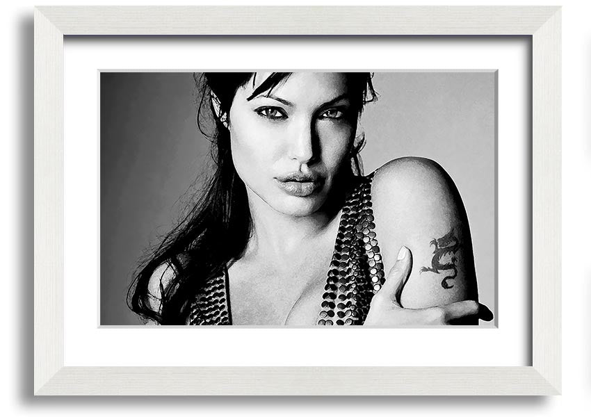 Framed print of Angelina Jolie's dragon tattoo, showcasing intricate details and vibrant colors, available in various frame options.