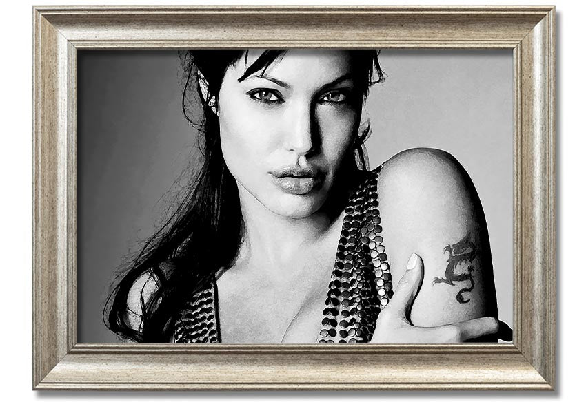 Framed print of Angelina Jolie's dragon tattoo, showcasing intricate details and vibrant colors, available in various frame options.